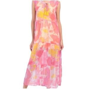 New America & Beyond Maxi Dress Pink Tie Dye Tiered Sheer Small NEW